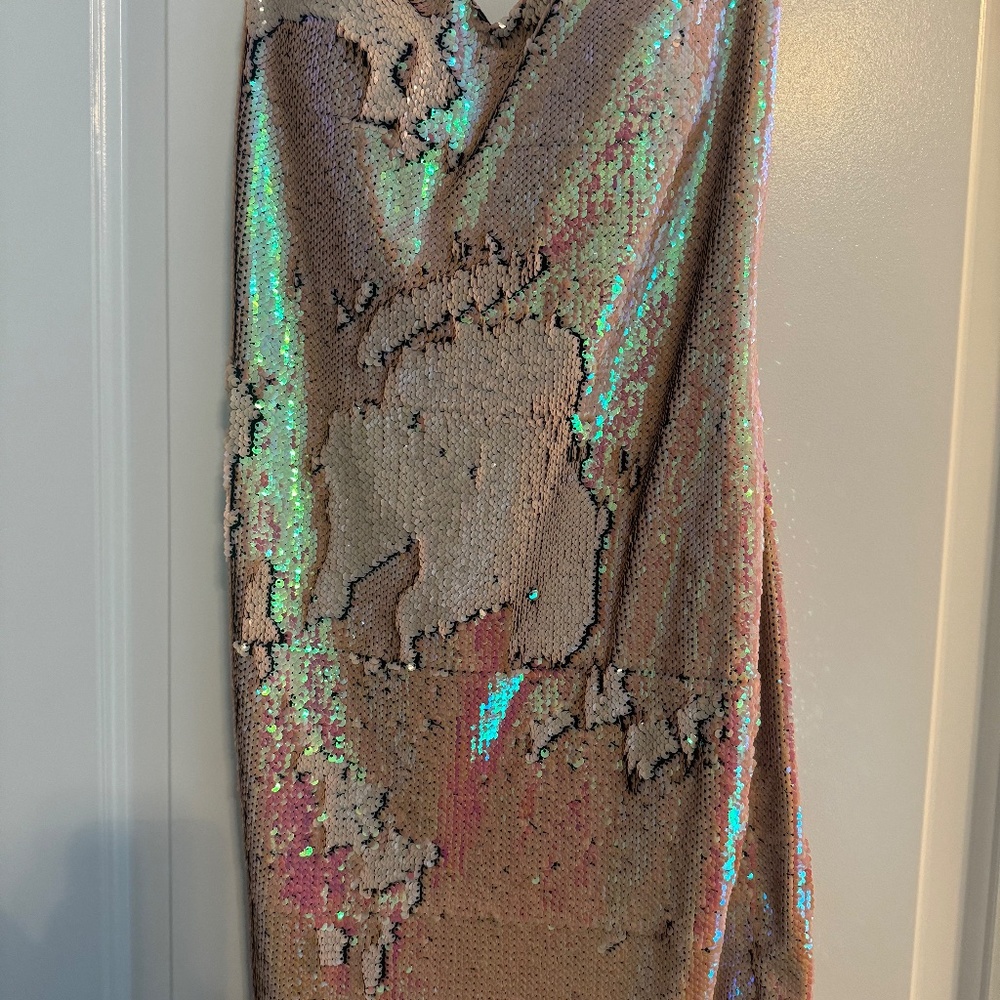 As U Wish Strapless Pink allover sequin two tone mini dress. Size L. NWOT